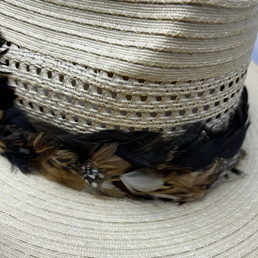Straw Cowboy Hat Laredo Texas Western Beige Feather Hat Band Mens Womens 6 7/8